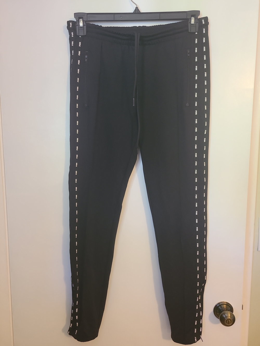 PINK Victoria's Secret Black Skinny Track Pants Logo Side Stripe Jogger Zip M